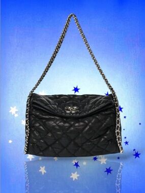 💞CHANEL BLACK Quilted Distressed / Washed Lambskin Double Chain Tote Silver HW